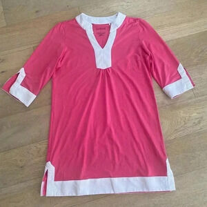 SanSoleil Women's UPF 50 Mini Dress Tunic V-Neck Pink white trim large